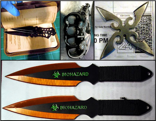 Daggers in zip-up folder (TUS), Knuckle Knife (MCO), Throwing Star (DAL), Throwing Knives (ORD)