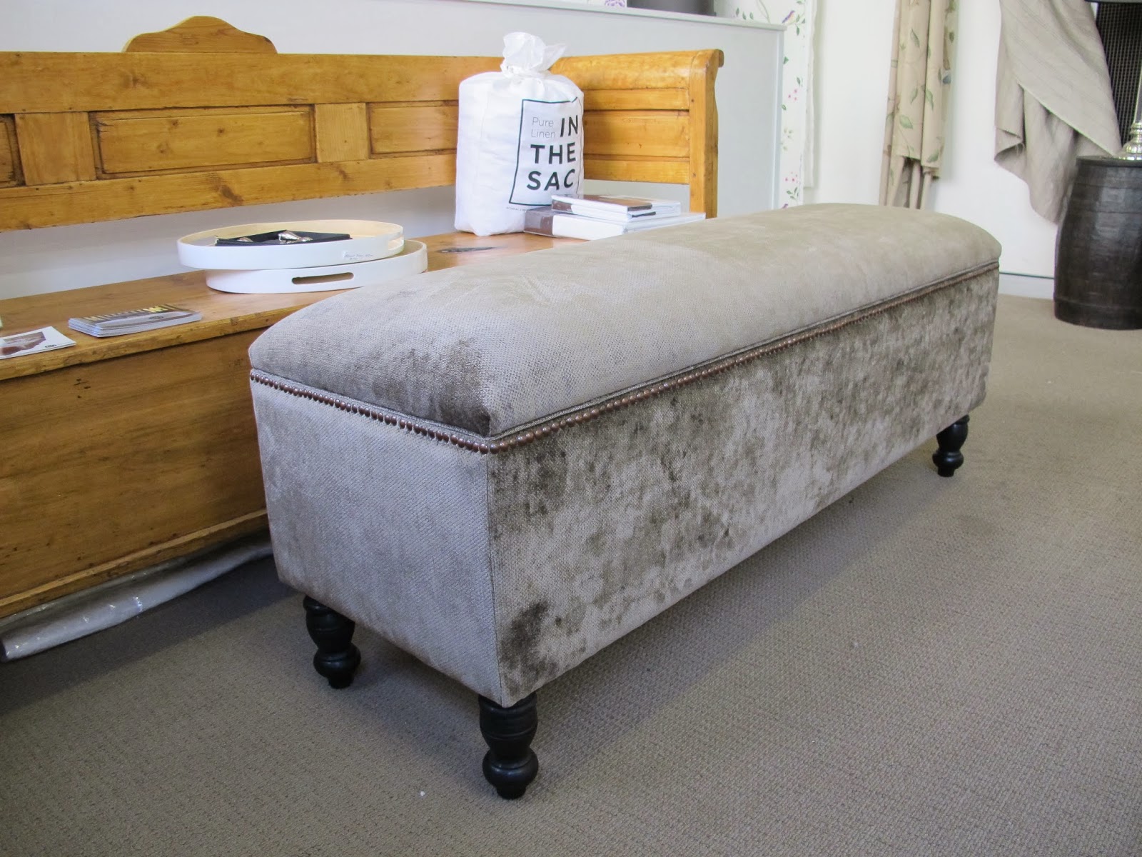 Our end of bed storage boxes are made to order any style, height and fabric. You can have a plain padded top lid or with buttons and any features such as piping or studs. 