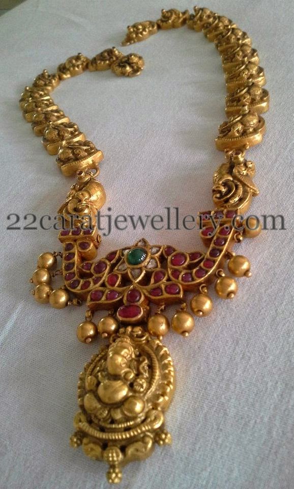 Temple Long Chain with Ganesh Ruby Locket Jewellery Designs
