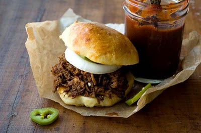 chopped beef sandwich and spicy barbecue sauce