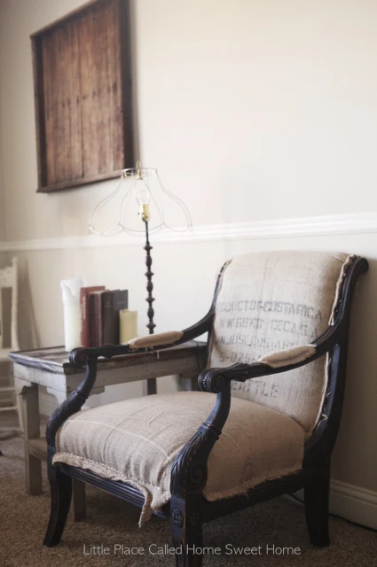 Scrappy styled burlap upholstered chair by Little Place Called Home Sweet Home, featured on I Love That Junk
