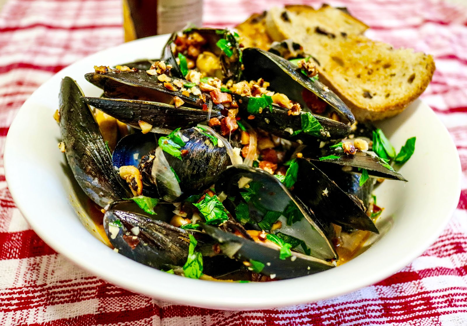 Three Little Figs BeerSteamed Mussels with Chorizo and Toasted