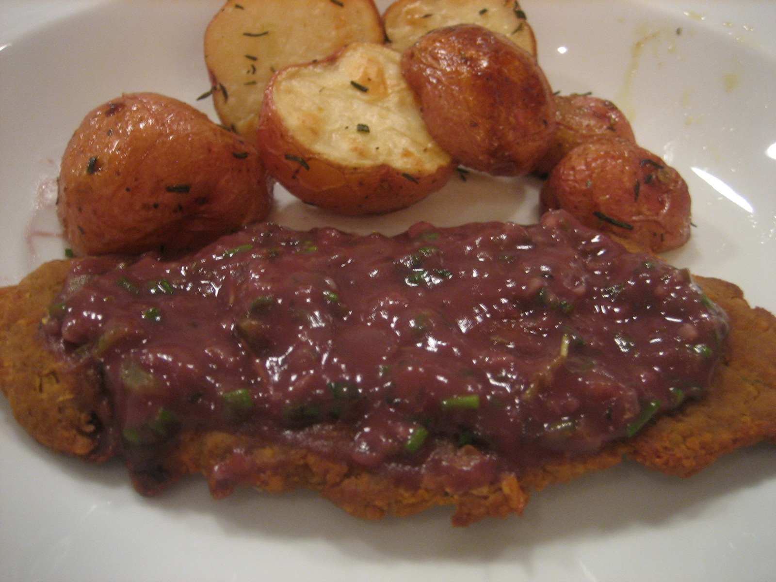 The Veracious Vegan Chickpea Cutlets in Red Wine Roux w/ Roasted Potatoes