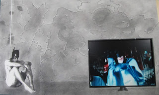 F. Lennox Campello's The Batman in The Batcave (Brooding Over Robin)  Charcoal, conte and Embedded Appropriated Video. Circa 2013  Framed to 30x40 inches.