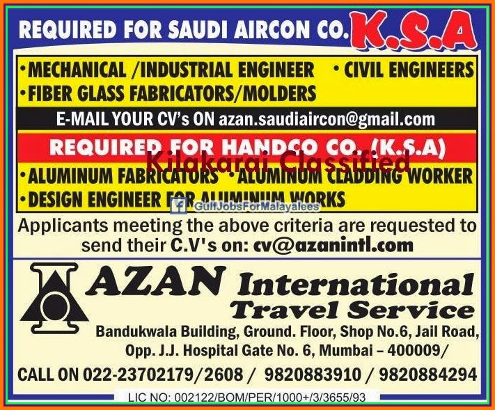 Saudi Aircon Company jobs for KSA Gulf Jobs for Malayalees