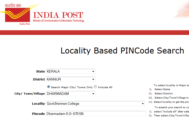 System Administrators, Indiapost. Indiapost Locality based Pincode Search.