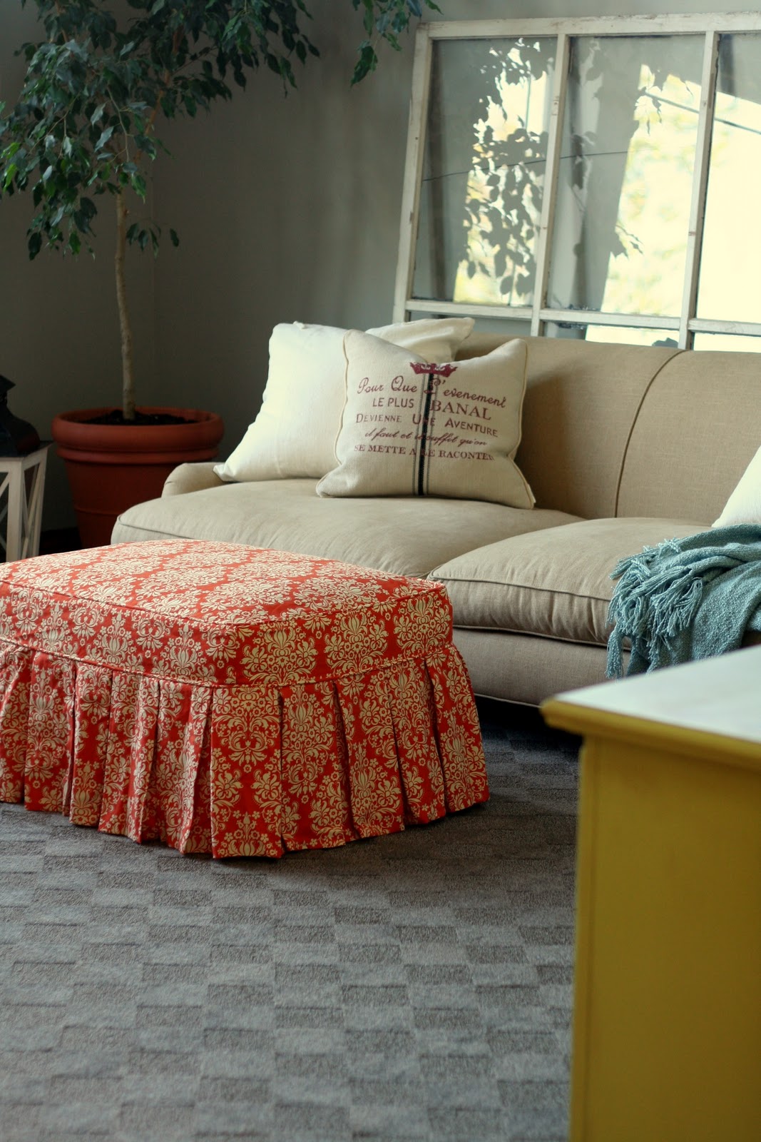 Custom Slipcovers by Shelley Orange Damask Ottoman