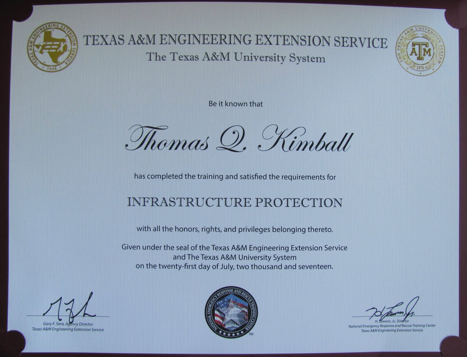Texas A&M Engineering Extension Service TEEX Infrastructure Protection Certificate