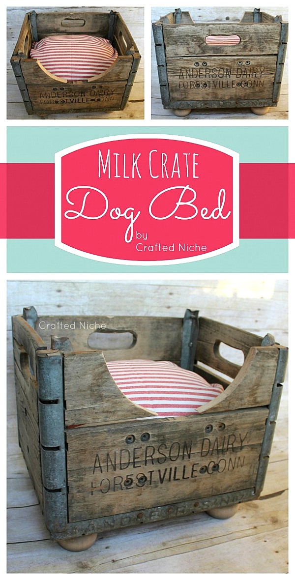Make a cool milk crate dog bed... in minutes! Isn't this gorgeous? By Crafted Niche, featured on I Love That Junk