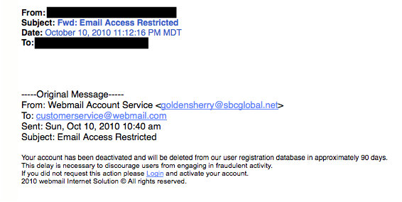 SBC Global phishing example