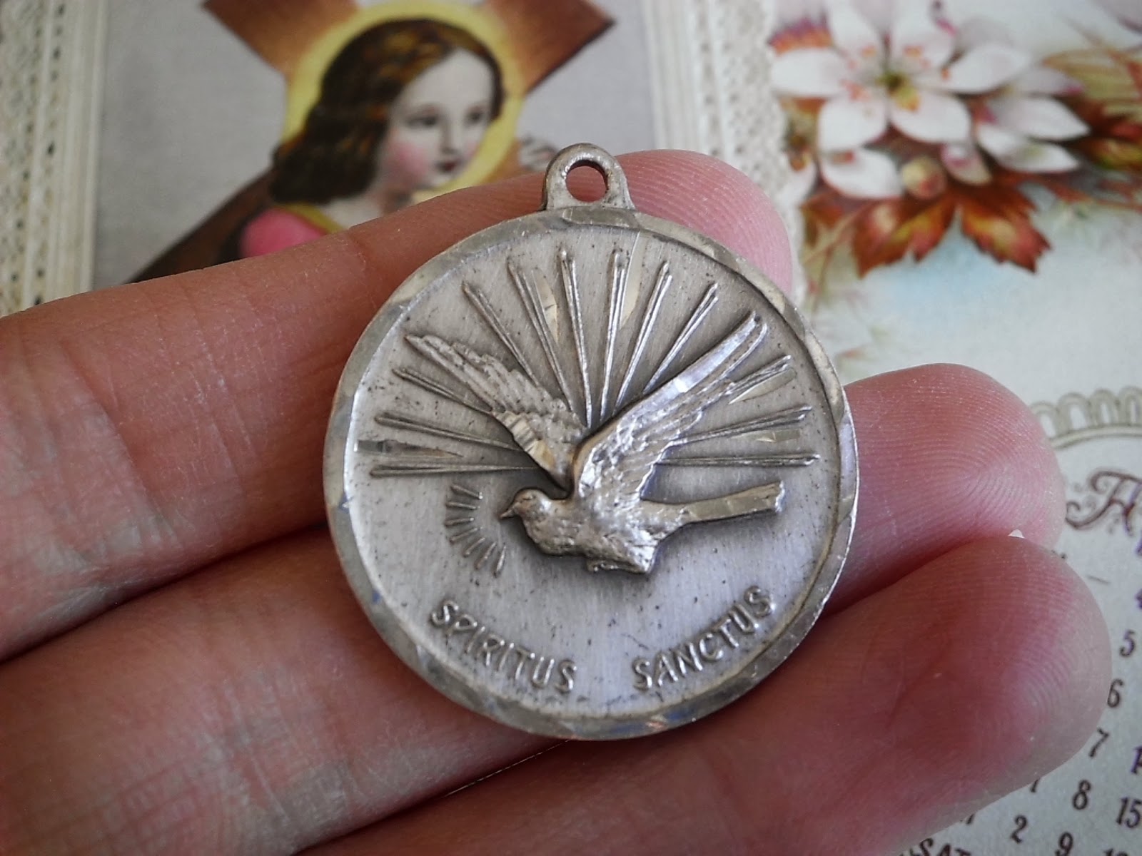 Vintage Religious Medals LARGE Vintage STERLING Spiritus Sanctus