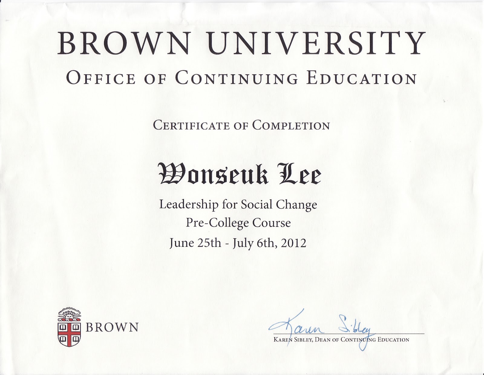 Wonseuk Lee: Brown University Certificate