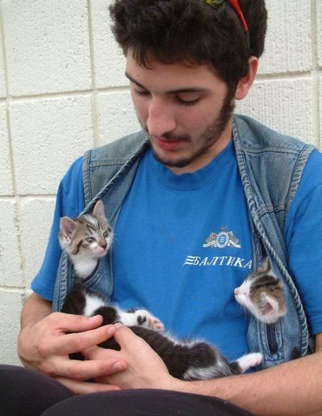  holding three cats 