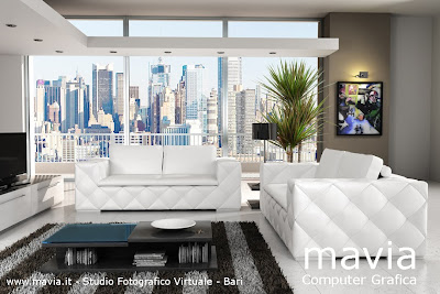 Interni 3d rendering in Cinema 4d e Vray rendering -salotto moderno con divano bianco, a due posti