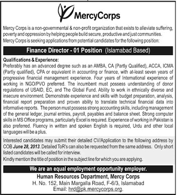Job Opportunity For Finance Director in MercyCorps Islamabad Jang News 25 June 2013