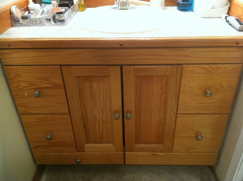 Bathroom Vanity re-Design for under $60! Staining Oak Cabinets  title=