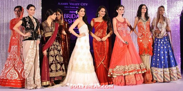 Sonakshi Sinha with other models - (2) - Sonakshi Sinha in Red Saree at Aamby Valley Bridal Fashion Week