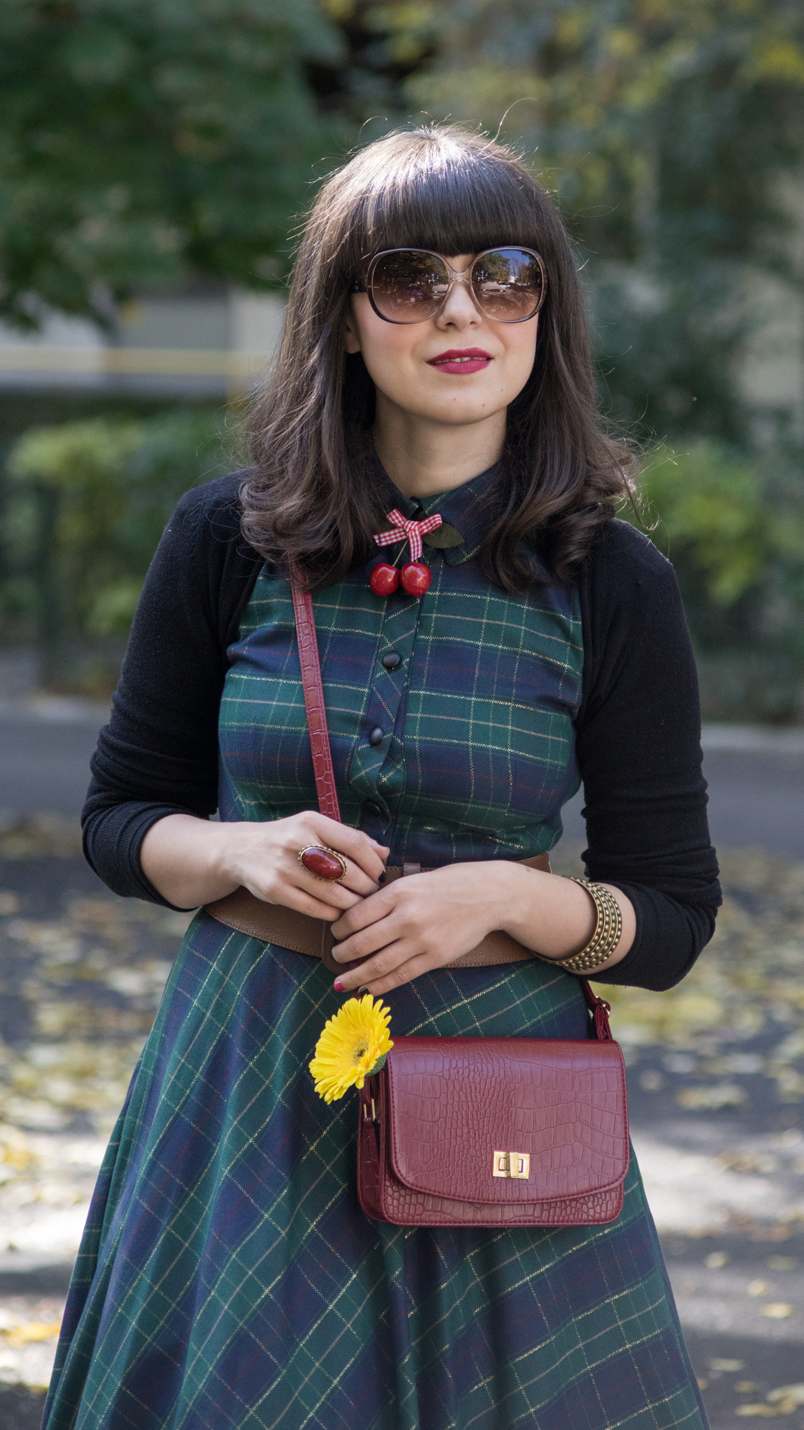 fall midi tartan dress burgundy boots bag koton brown belt cherries accessory yellow gerbera