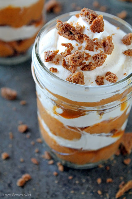 Salted Caramel Pumpkin Parfaits - Delicious pumpkin pudding, gingersnaps, and homemade salted caramel sauce all layered in a jar!