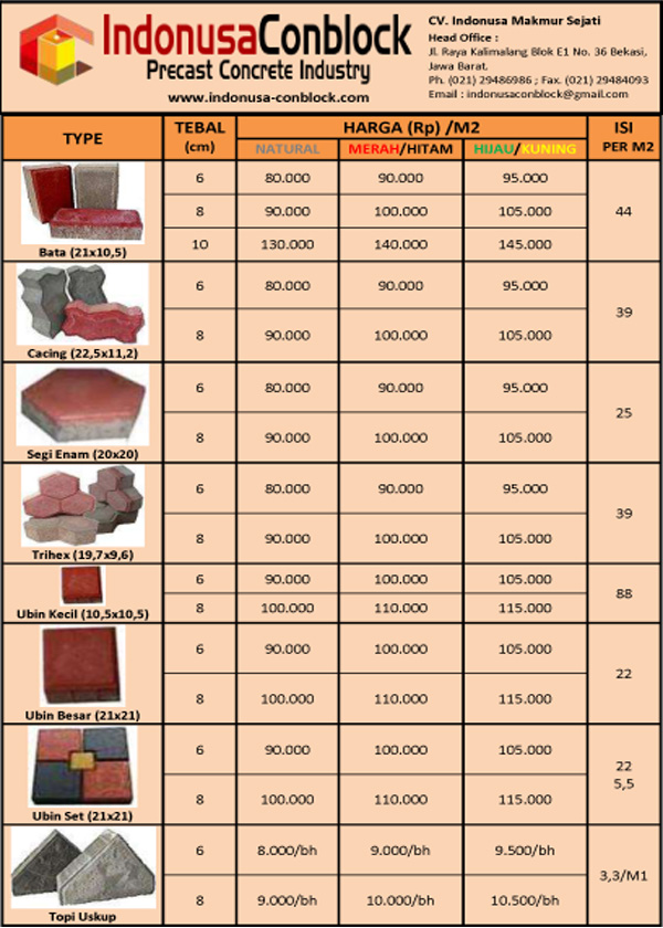 Daftar Harga Paving Block Per Meter 2017 Jual Konblok Murah