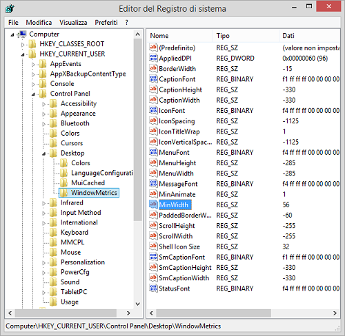 Il Registro di Sistema di Windows con la chiave MinWidth