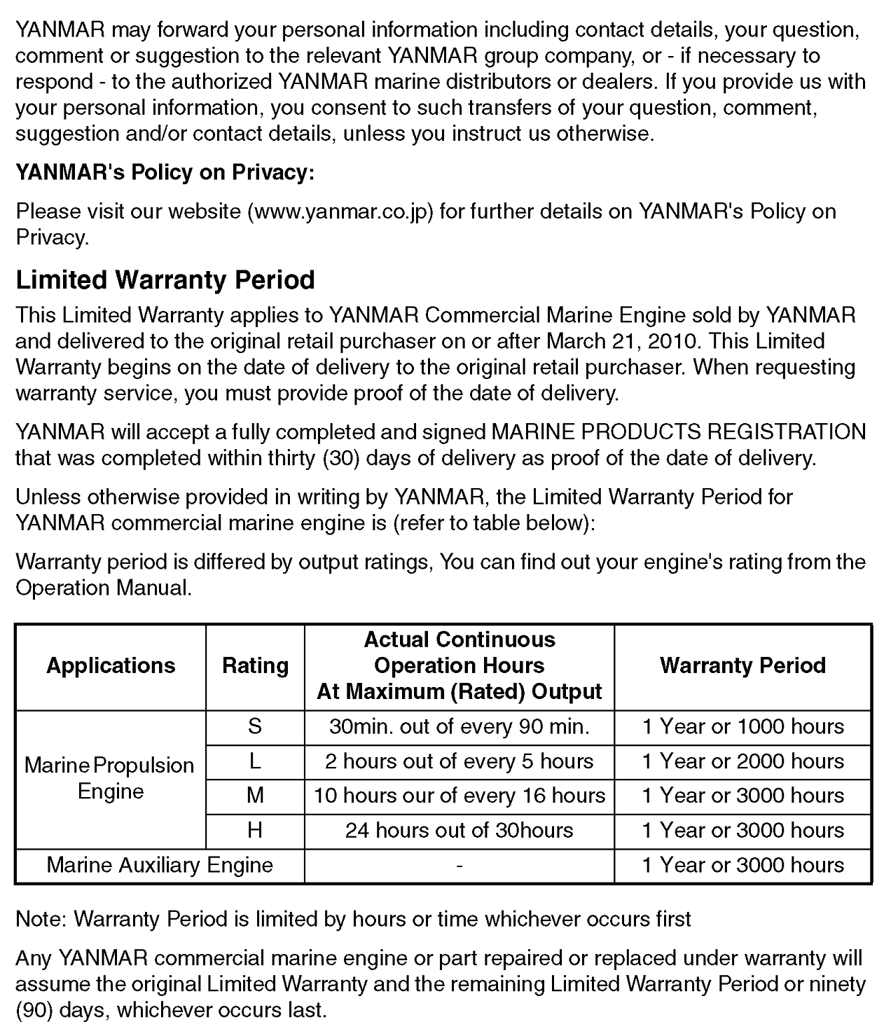 YANMAR Marine & Industrial Large Diesel Engine Product Engine Rating