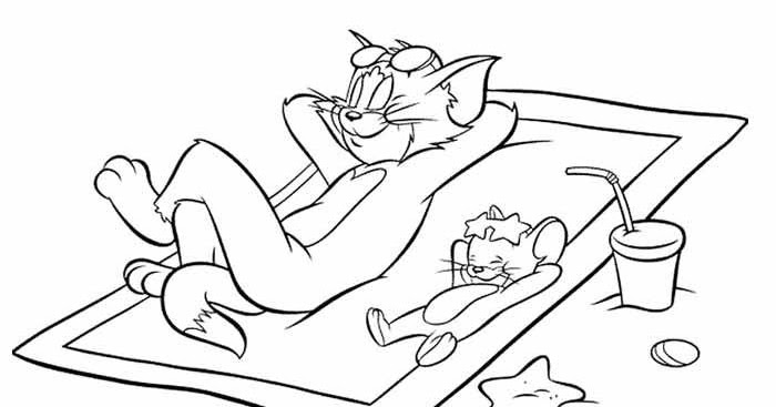 Printable Tom And Jerry Friends Relaxing At Beach In Sunny Weather Coloring Page For Kids