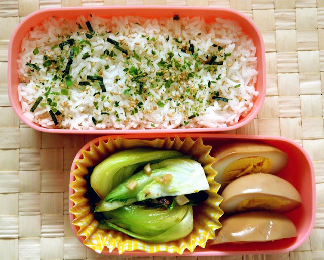 The Red Gingham Bento Box Lunch Soy Sauce Eggs and Bok Choy with Garlic
