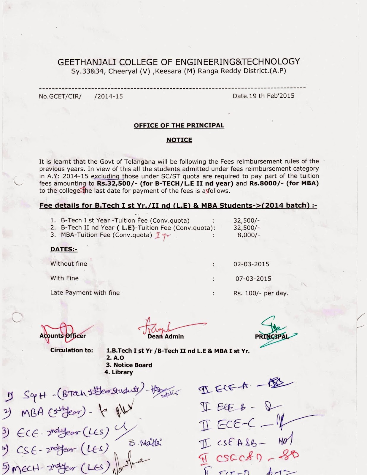 NOTIFICATIONS fees reimbursement circular