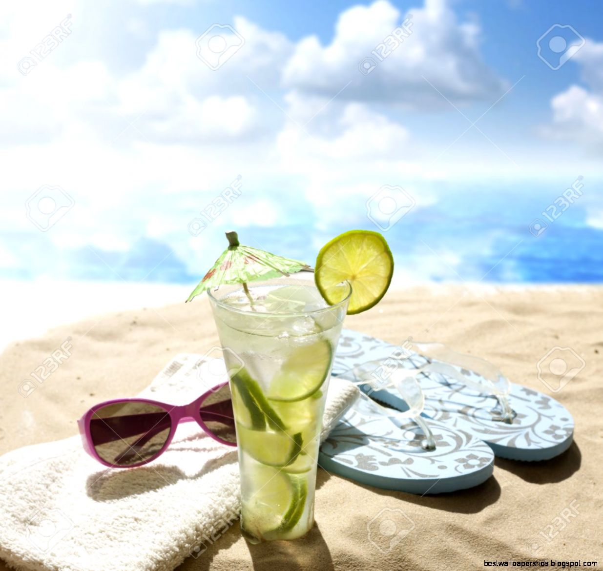 Sunglasses Drink In Sand On Beach At Sea Holiday Concept Stock Sunglasses Drink In Sand On Beach At Sea Holiday Concept Stock
