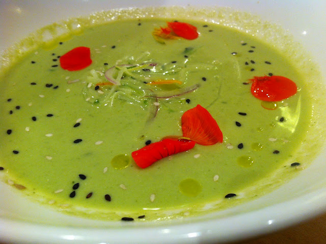 Chilled Asparagus Soup with Jalapeno, Cucumber, and Sesame 