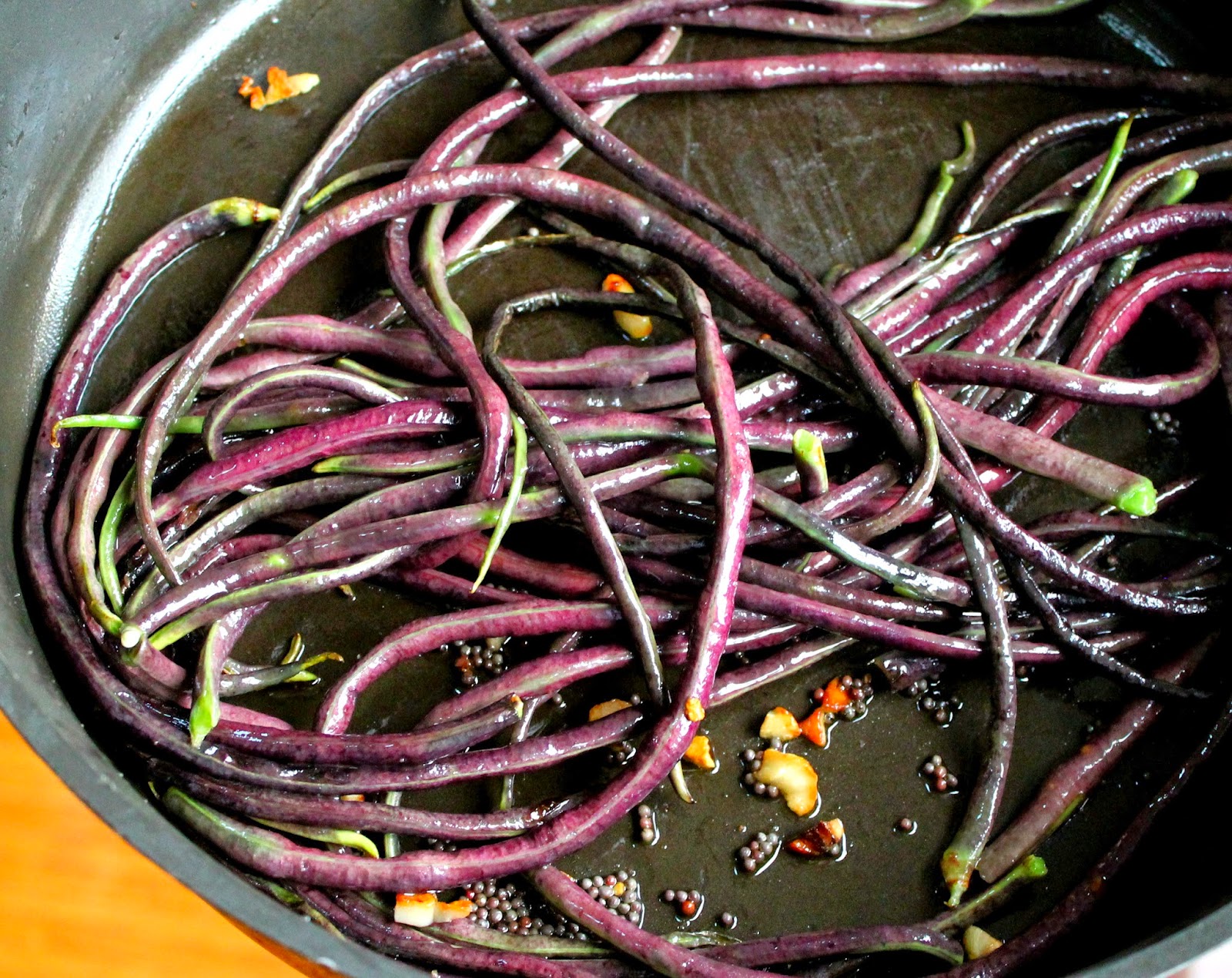 Cook Food. Mostly Plants. Kaua'i, Day 1 Purple Long Beans with Garlic and Mustard Seeds