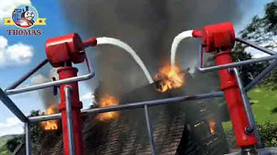 Flynn squirting jets of water flow into the sky on the wooden barn storage place fire orange flames