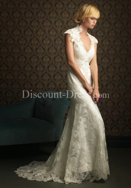 A-Line V-Neck Floor Length Attached Charmeuse/ Net Lace Wedding Dress