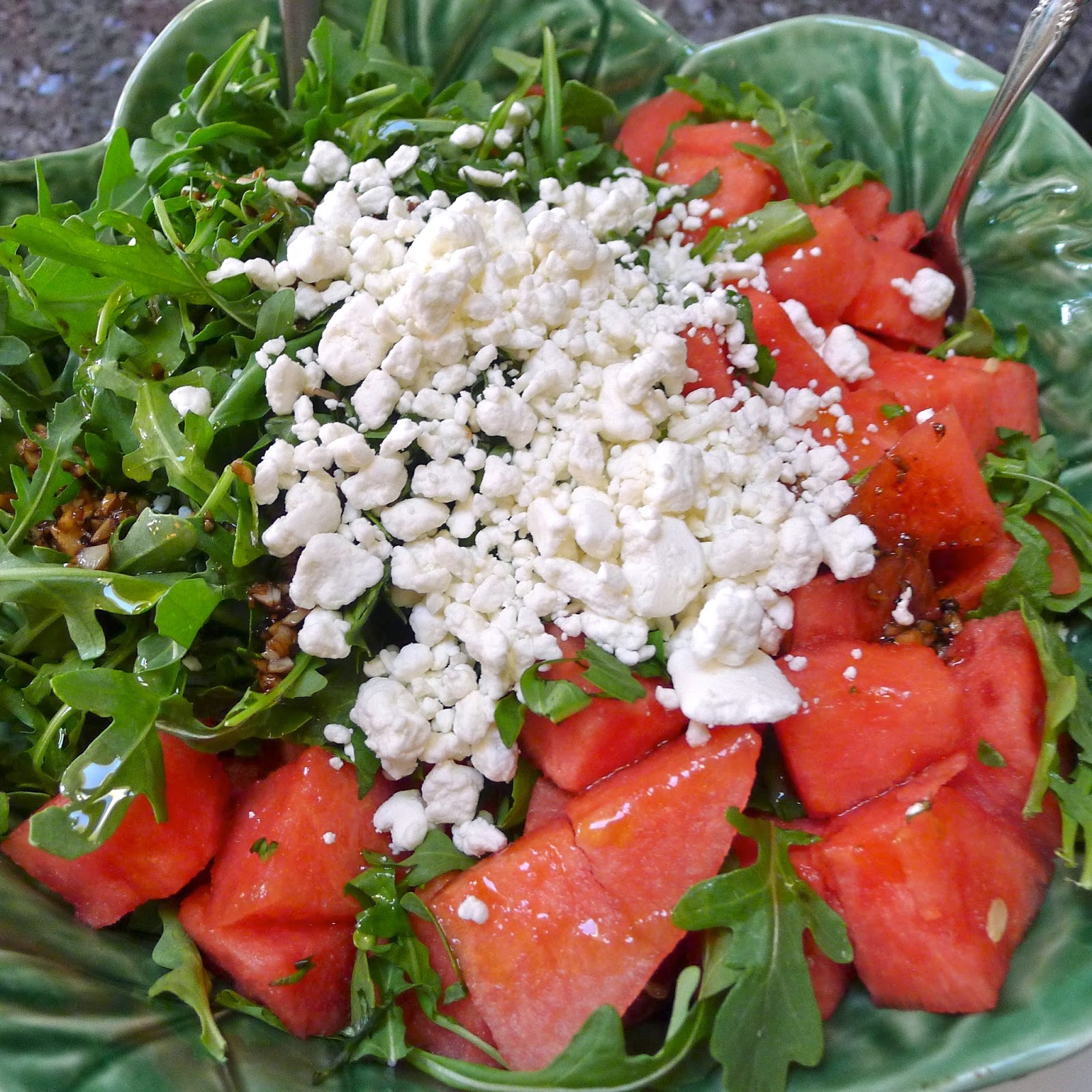 newFOOD tuesdayz Arugula, Watermelon and Goat Cheese Salad with Balsamic Vinaigrette