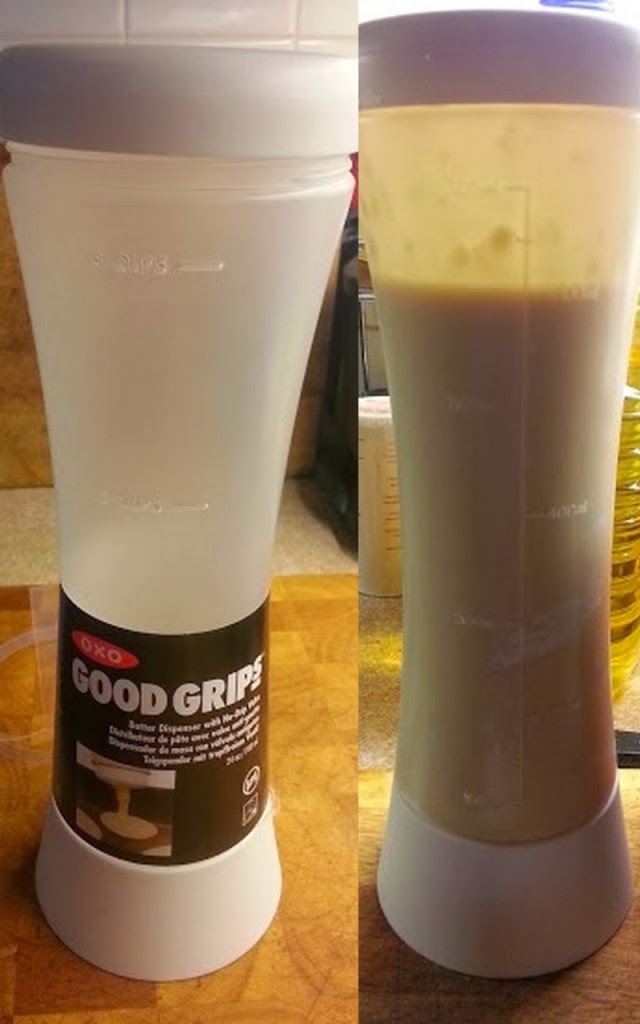 The Brick Castle Perfect Pancakes with the Oxo Batter Dispenser.