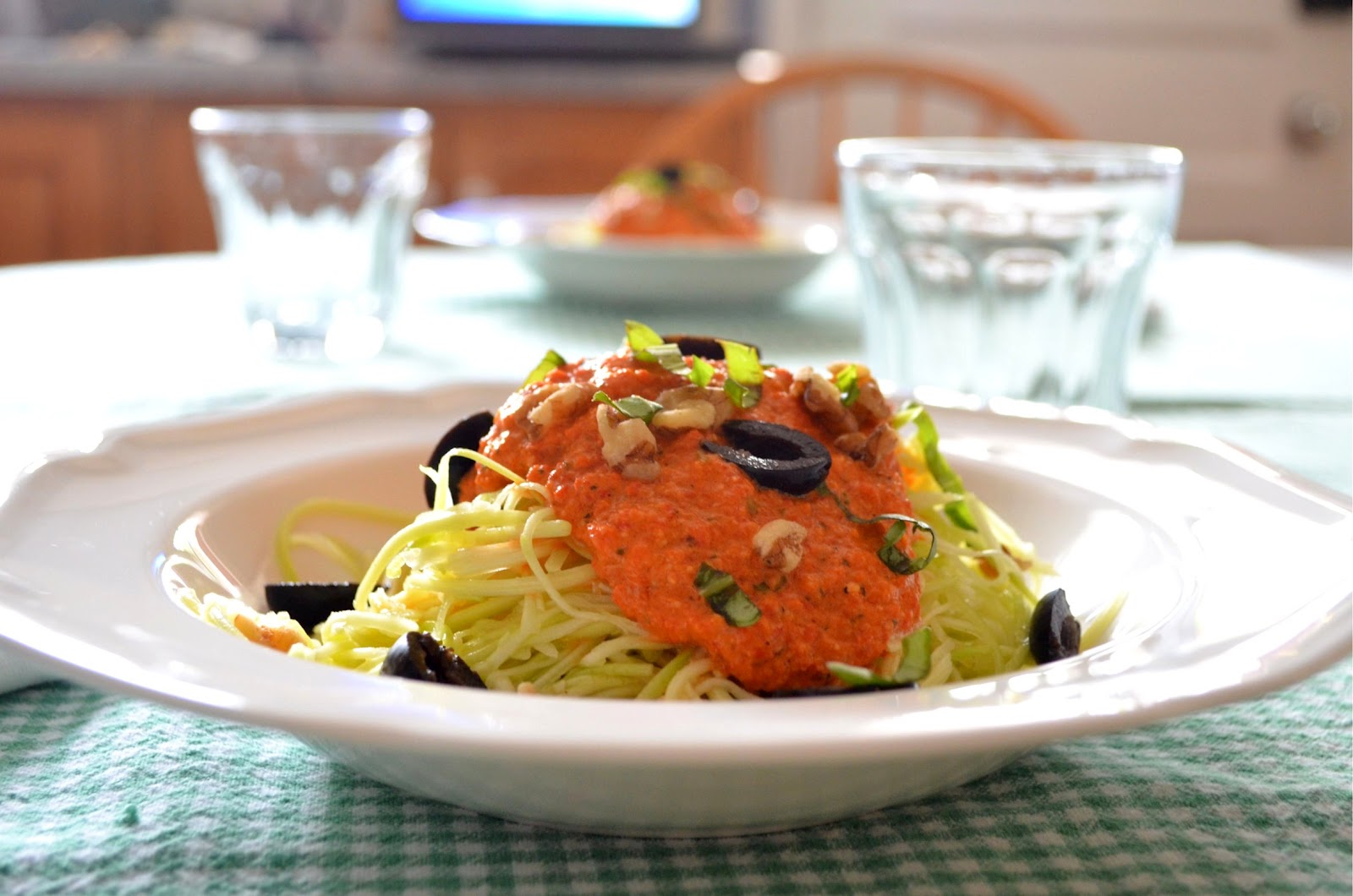 The Inventive Vegetarian Zucchini "Pasta" with Roasted Red Pepper Sauce