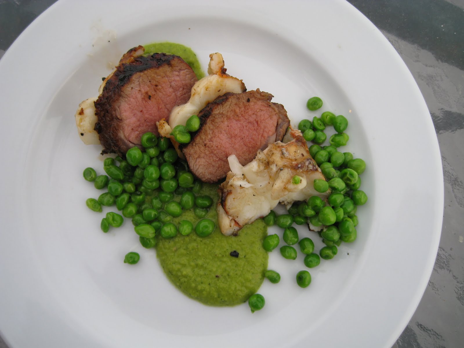 Grilled Lamb and Lobster with Green Pea, Mint and Jalapeno Sauce