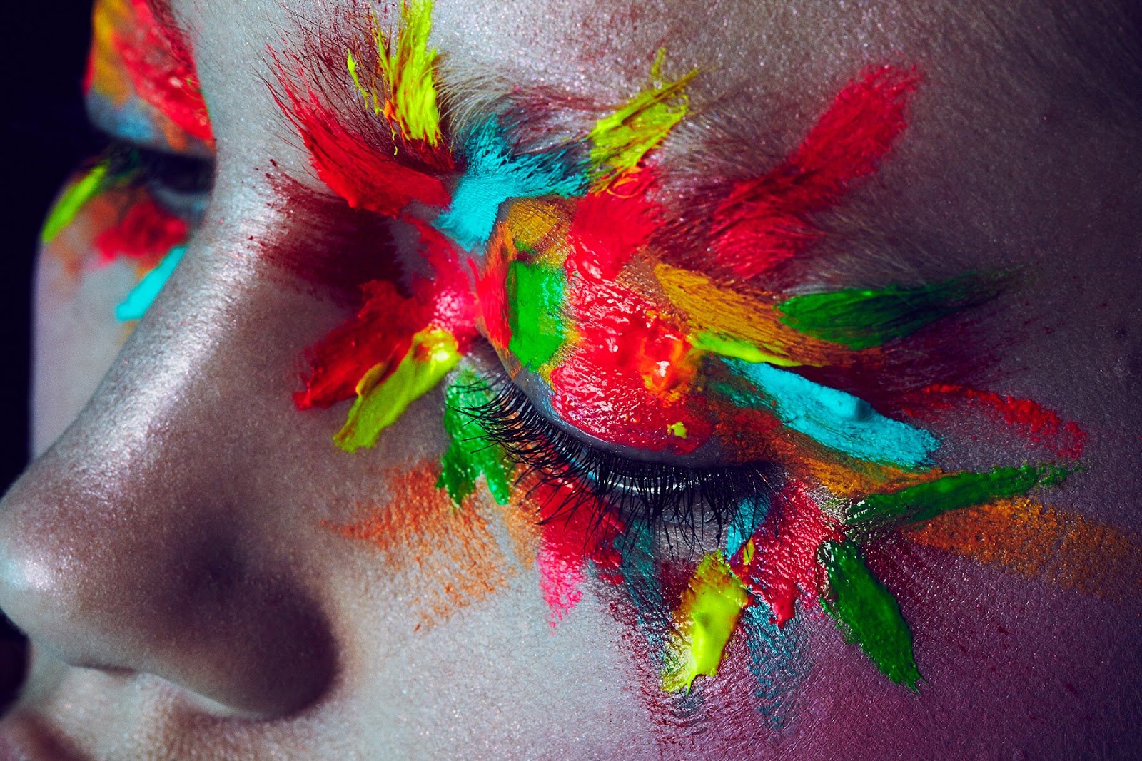 Kaleidoscope Prismatic Graphic Bold Rainbow Trippy Makeup with model