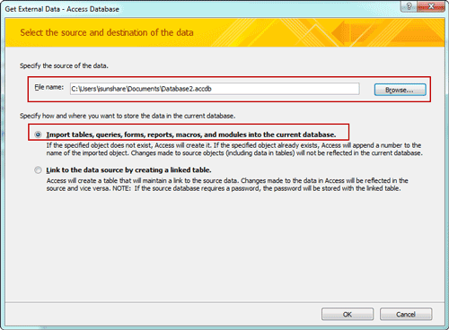 specify imported access database location specify imported access database location