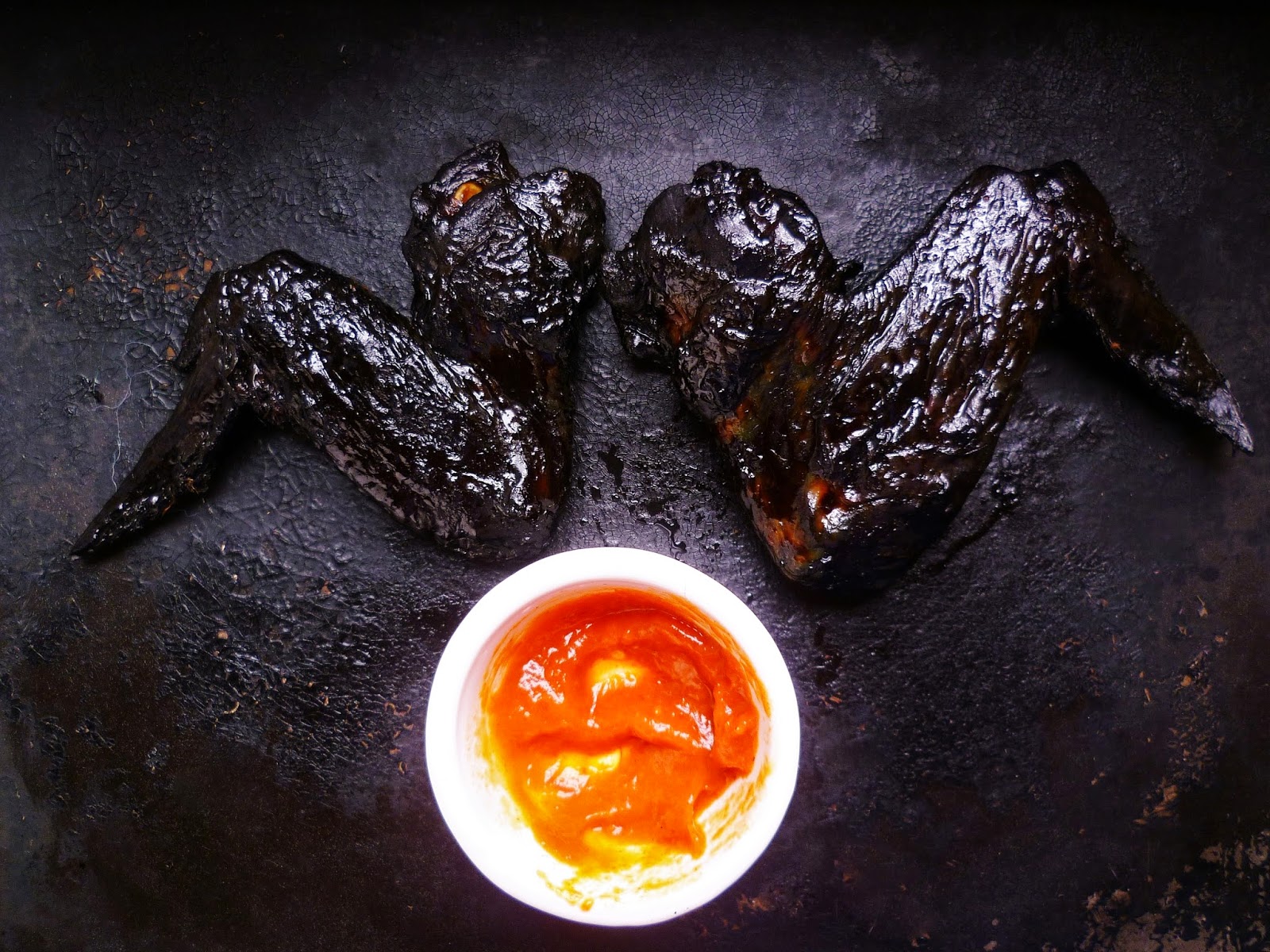 Marmaduke Scarlet vampire bat wings (with blood dipping sauce)