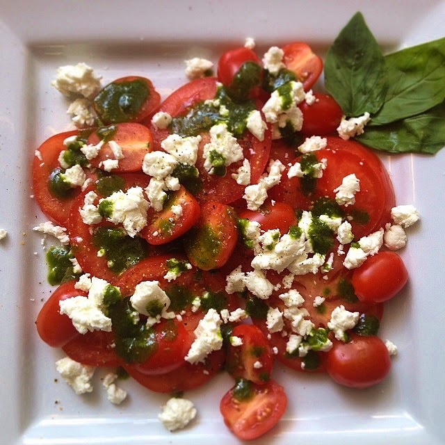 Delish Dish Cooks Tomatoes and Goat Cheese with Basil Vinaigrette