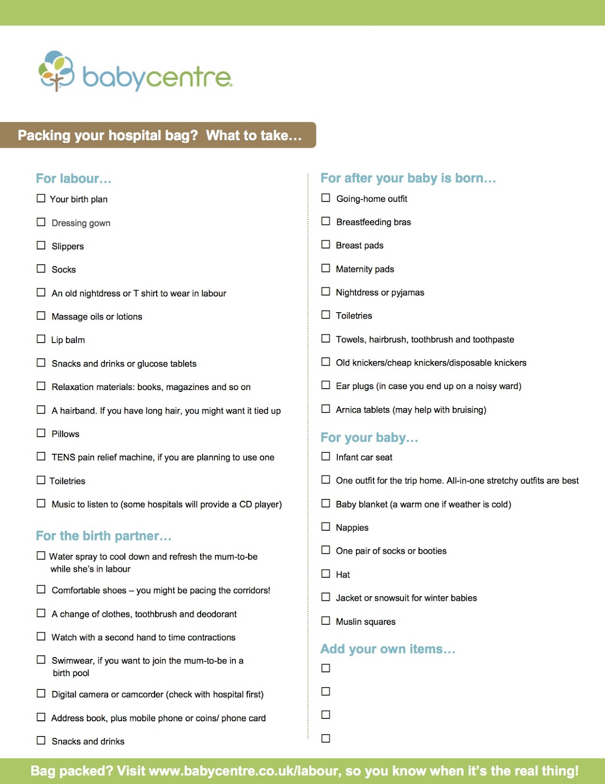 newborn hospital checklist