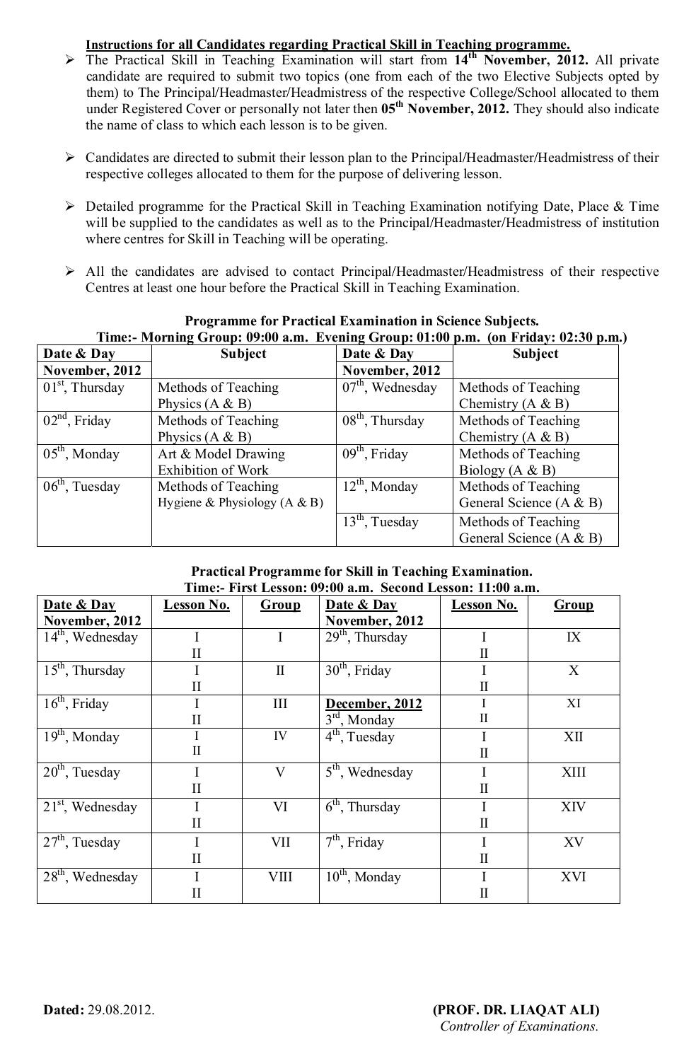 Date Sheet The University of Punjab Lahore Bacholar of Education (B.ed