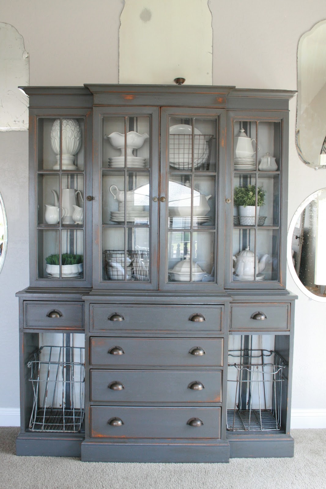 Grand Design Grain sack stripe inspired hutch