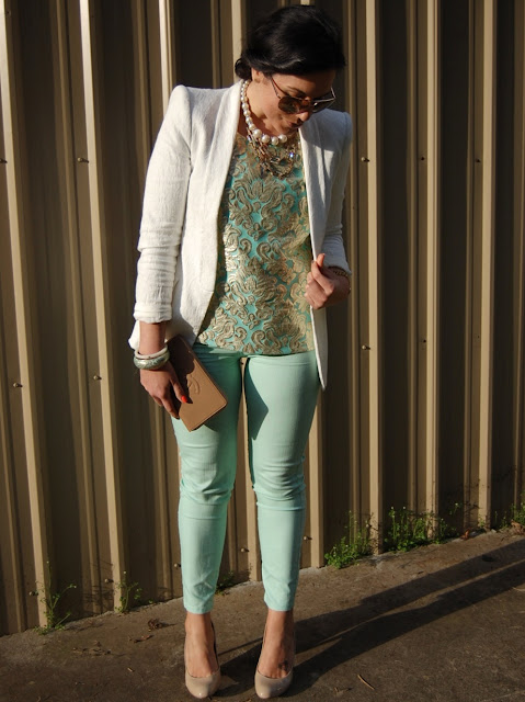 J.Crew gilded jacquard top, Zara blazer, Mint Forever 21 jeans, Expressions pumps, Chanel caviar wallet 