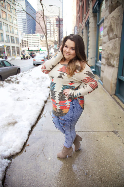 KiKi La'rue, natalie in the city, chicago fashion blogger, plus size fashion blogger, natalie craig, southern style, texas forever, ripped denim, faded denim, forever 21 plus, ankle boots, urban outfits, tribal print, sweaters, plus size fashion, curvy fashionista, fashion, plus size