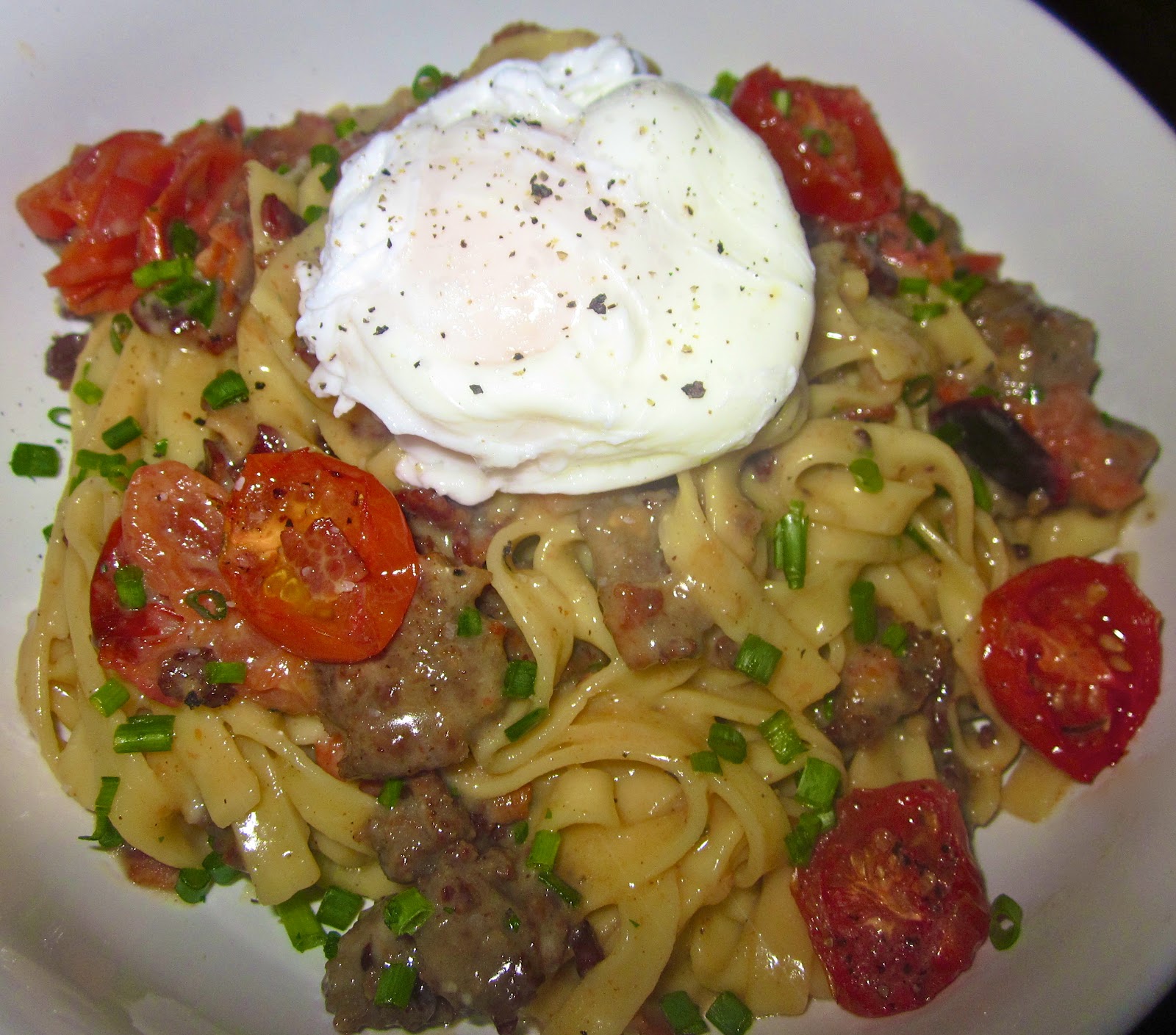Haute + Heirloom Breakfast Carbonara with Bacon, Sausage, Roasted
