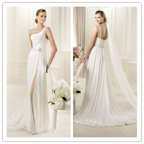 Chiffon One-Shoulder Column Destination Wedding Dress