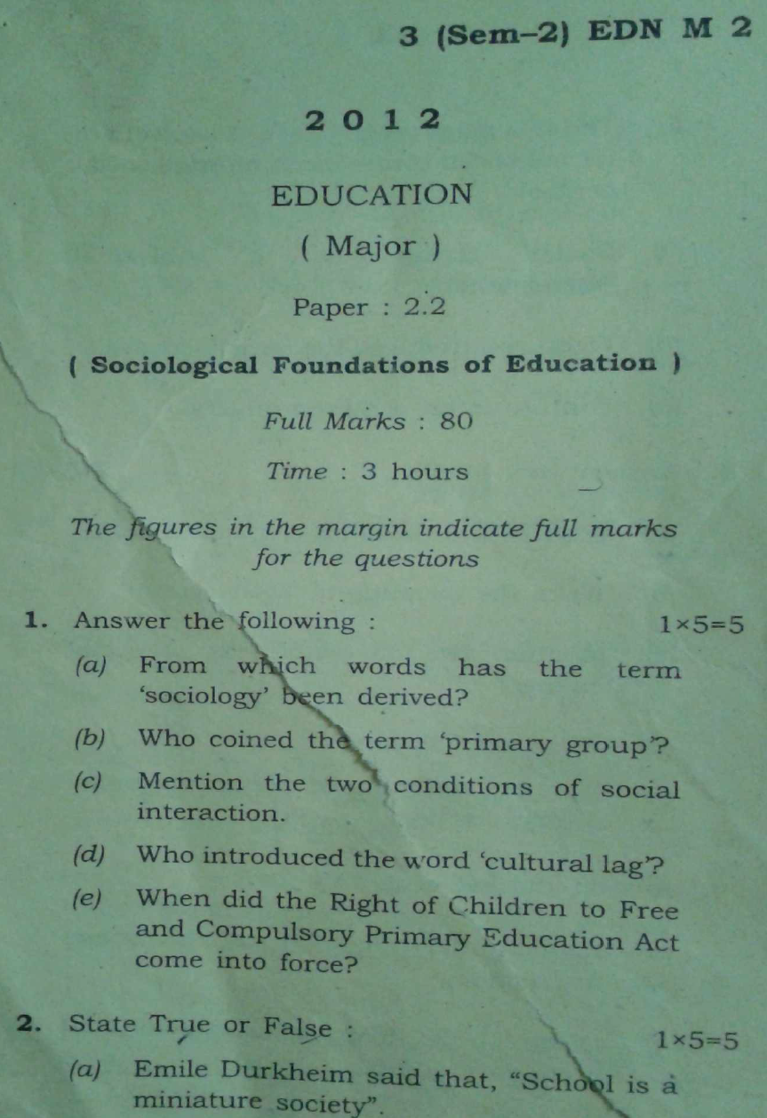 Gauhati University BA Education Major 2nd Sem 2012 Question Paper